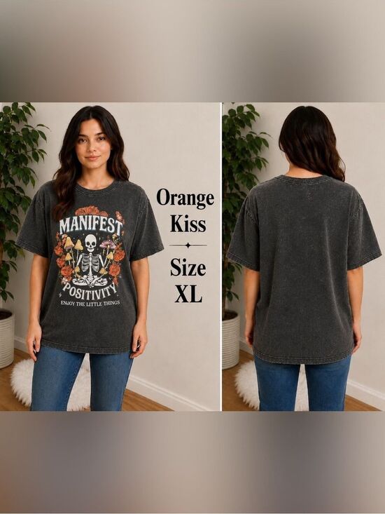 orange kiss Tops - Orange Kiss Manifest Positivity Graphic Tee Size XL Acid Wash Gray Boho Goth